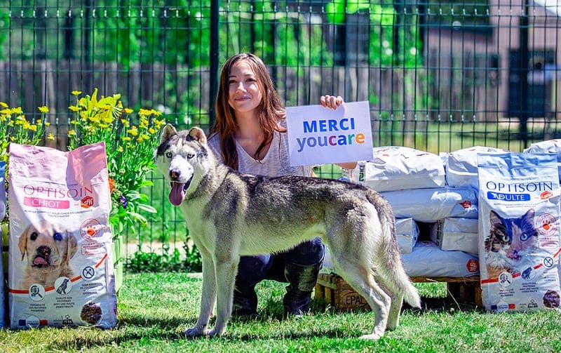 Chien avec une femme et une pancarte Youcare