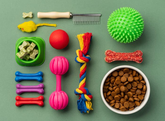 photo vue du dessus de jouets, nourriture pour un animal