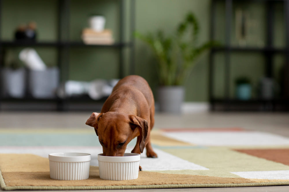 Petit chien qui mange dans sa gamelle