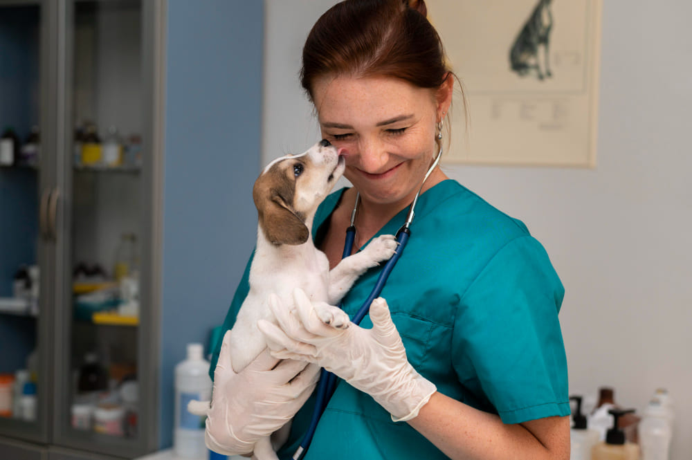 Chiot dans les bras d'une vétérinaire