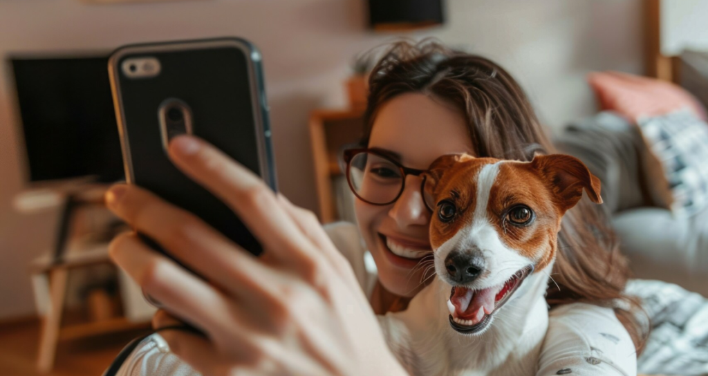 Femme heureuse avec son chien devant son téléphone