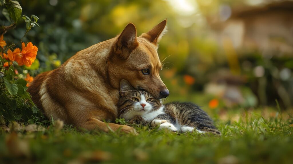 Chien et chat dans l'herbe