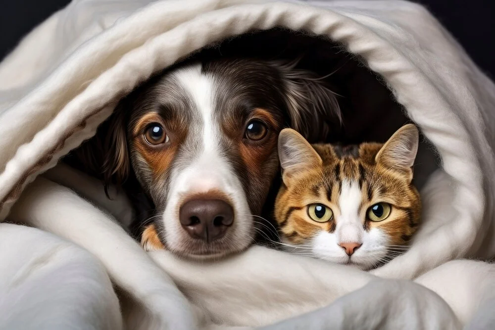 Image d'un chien et d'un chat au chaud sous une couverture