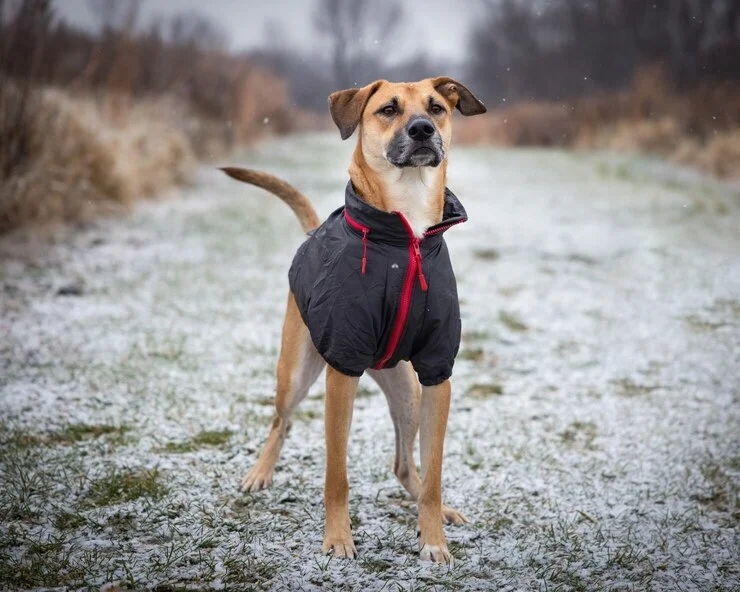 Un chien fier avec un manteau dans un chemin enneigé