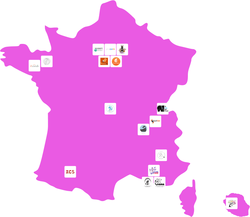 Carte de la France présentant la situation géographique des associations partenaires de PennyPet