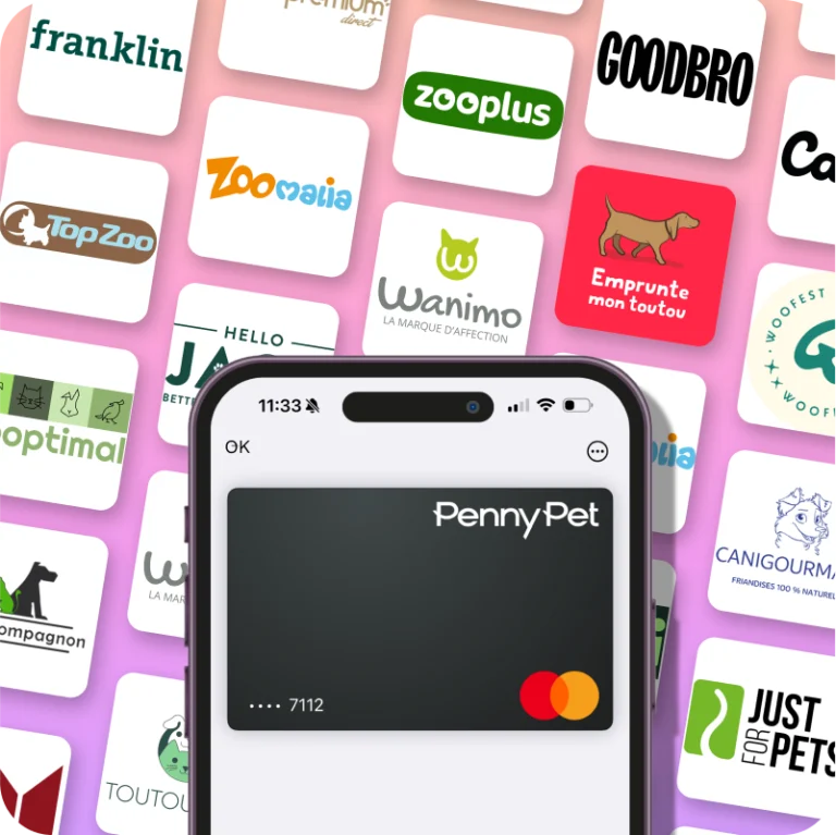 Mockup de l'app PennyPet et logo des partenaires cashback