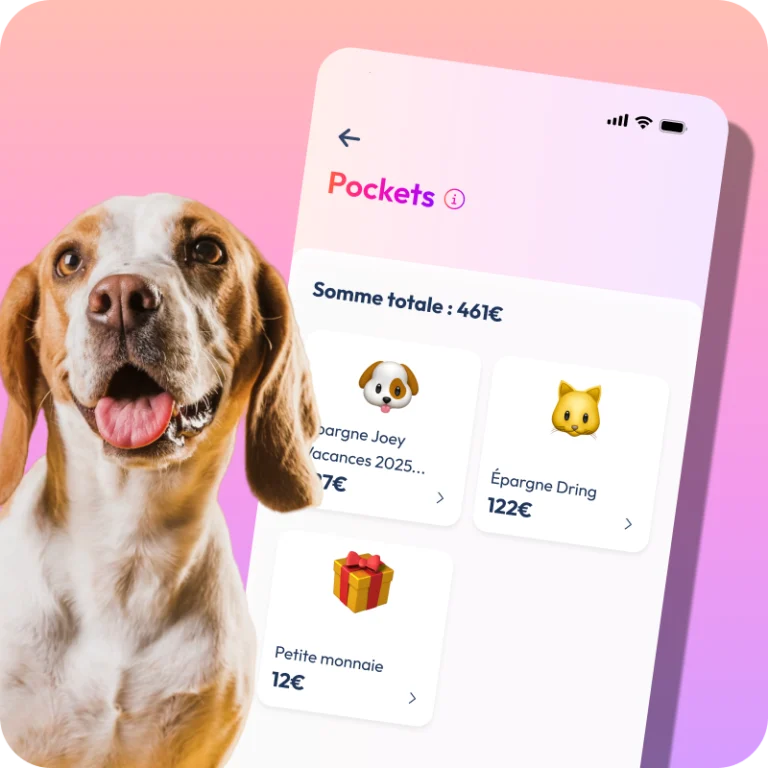 Mockup de l'app PennyPet avec un chien