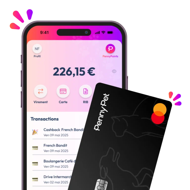Visuel mockup de l'app PennyPet et sa carte Mastercard