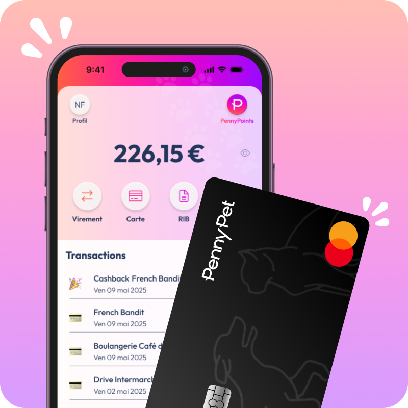Visuel mockup de l'app PennyPet et sa carte Mastercard