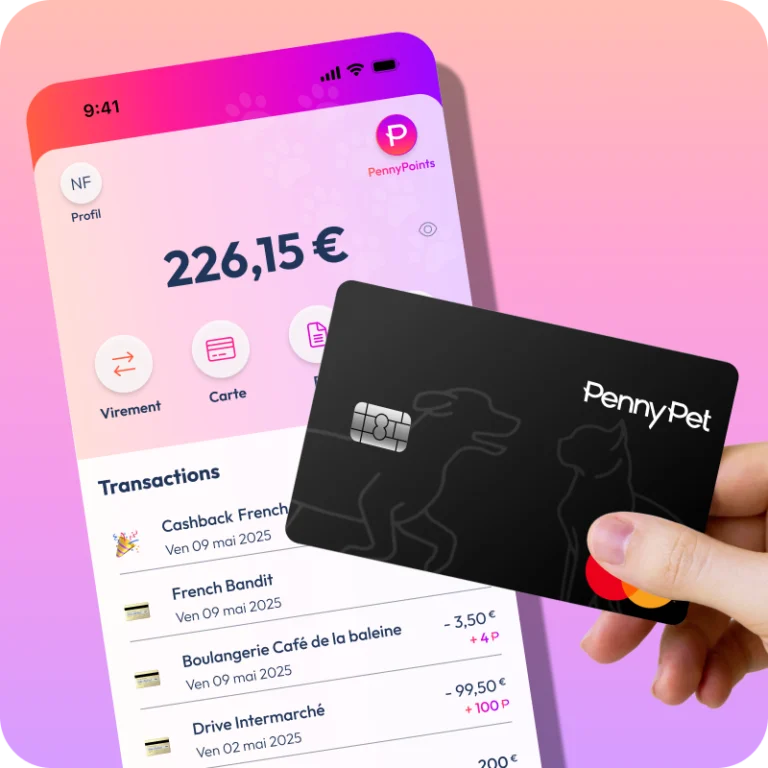 Mockup de l'app PennyPet et carte Mastercard